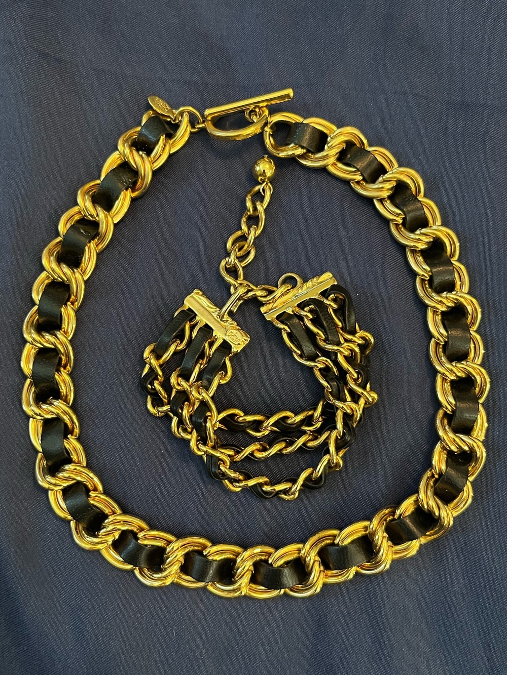 Joan Rivers Gold Tone Braided Black Leather Chunky Necklace and Bracelet